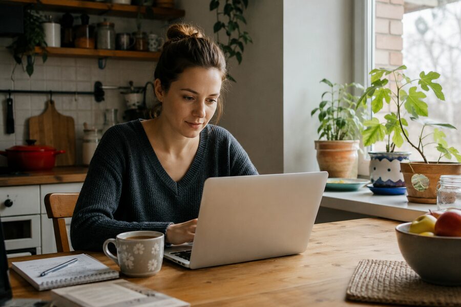 Kobieta czyta poradnik na laptopie przy kuchennym stole